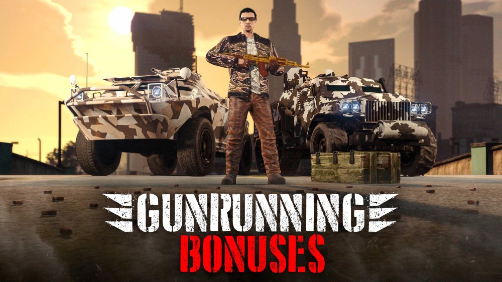 Gunrunning Bonuses. Op de afbeeldingen tonen twee tank achtige voertuigen en een man die gekleed is in legerprint met een semi-automatisch wapen